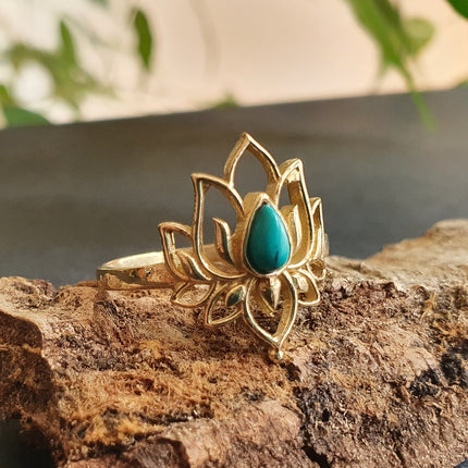 Golden Lotus Flower Ring / Turquoise / Boho / Ethnic / Rustic / Tribal / Gypsy / Festival / Indian / Healing / Festival