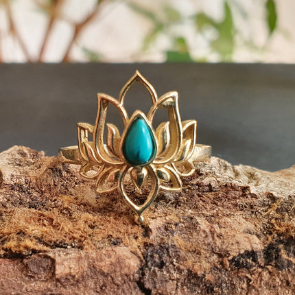 Golden Lotus Flower Ring / Turquoise / Boho / Ethnic / Rustic / Tribal / Gypsy / Festival / Indian / Healing / Festival