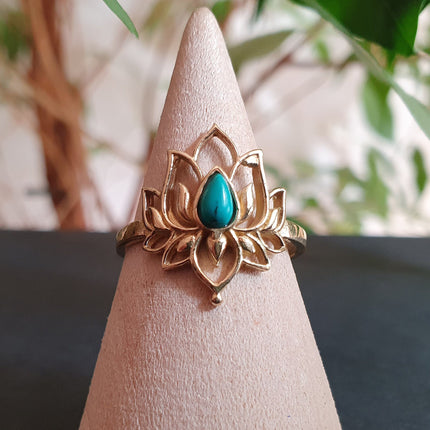 Golden Lotus Flower Ring / Turquoise / Boho / Ethnic / Rustic / Tribal / Gypsy / Festival / Indian / Healing / Festival