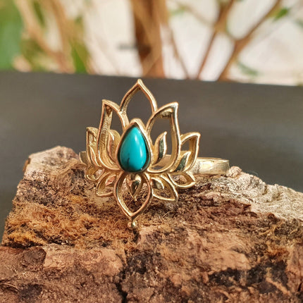 Golden Lotus Flower Ring / Turquoise / Boho / Ethnic / Rustic / Tribal / Gypsy / Festival / Indian / Healing / Festival