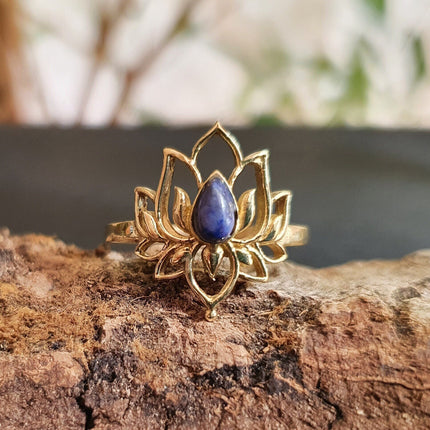 Golden Lotus Flower Ring / Lapis Lazuli / Boho / Ethnic / Rustic / Tribal / Gypsy / Festival / Indian / Healing / Festival