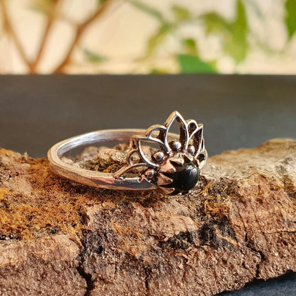 Silver Lotus Flower Ring / Black Onyx / Boho / Ethnic / Rustic / Tribal / Gypsy / Festival / Indian / Healing / Festival