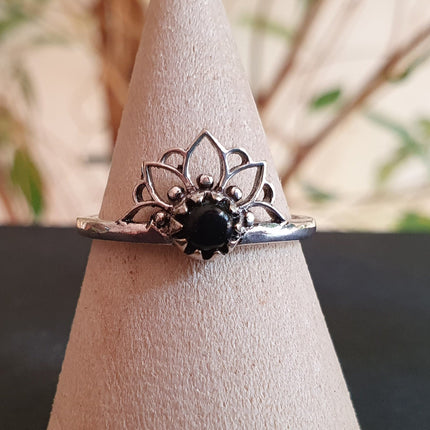 Silver Lotus Flower Ring / Black Onyx / Boho / Ethnic / Rustic / Tribal / Gypsy / Festival / Indian / Healing / Festival