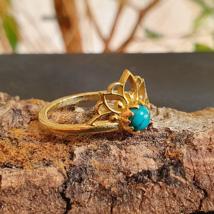 Turquoise Ring Gold Lotus Flower / Boho / Ethnic / Rustic / Tribal / Gypsy / Festival / Indian / Healing / Festival