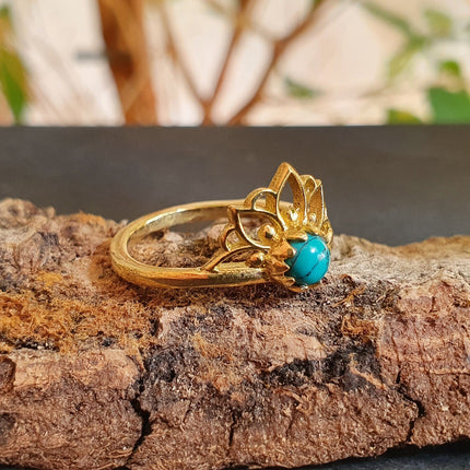 Turquoise Ring Gold Lotus Flower / Boho / Ethnic / Rustic / Tribal / Gypsy / Festival / Indian / Healing / Festival