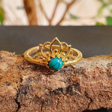 Turquoise Ring Gold Lotus Flower / Boho / Ethnic / Rustic / Tribal / Gypsy / Festival / Indian / Healing / Festival