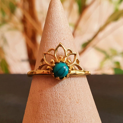 Turquoise Ring Gold Lotus Flower / Boho / Ethnic / Rustic / Tribal / Gypsy / Festival / Indian / Healing / Festival