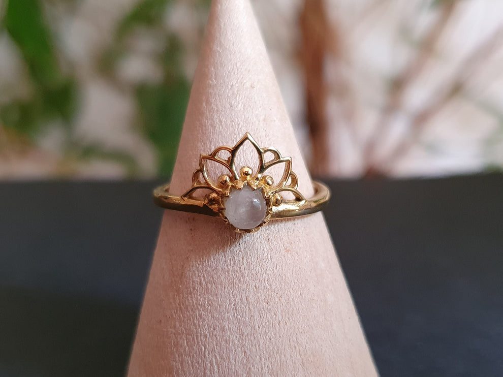 Moonstone Ring Gold Lotus Flower / Boho / Ethnic / Rustic / Tribal / Gypsy / Festival / Indian / Healing / Festival