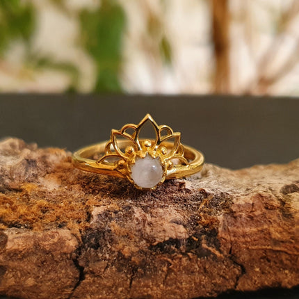 Moonstone Ring Gold Lotus Flower / Boho / Ethnic / Rustic / Tribal / Gypsy / Festival / Indian / Healing / Festival