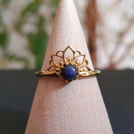 Lapis Lazuli RIng / Golden Lotus Flower / Boho / Ethnic / Rustic / Tribal / Gypsy / Festival / Indian / Healing / Festival