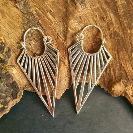 Silver Triangle Drop Lightening Boho Brass Earrings; Ethnic Boho Chic Gypsy Spiral Hippie Tribal style