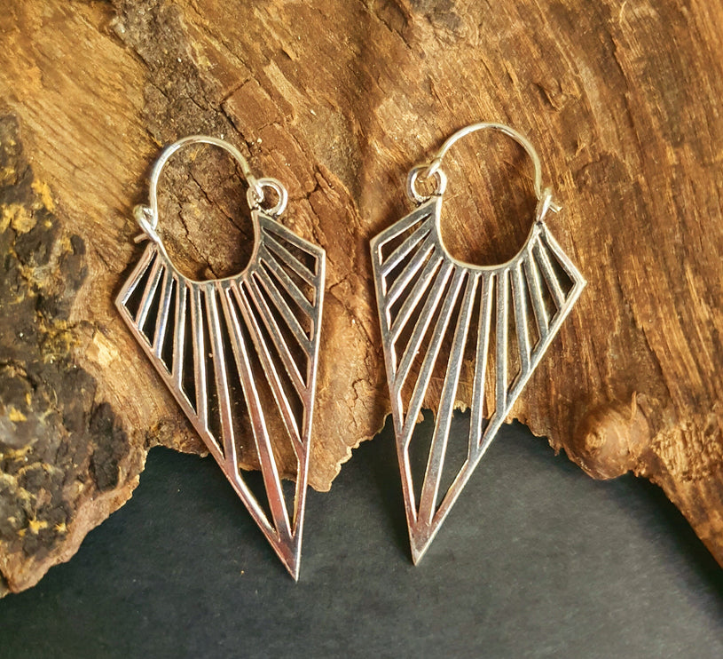 Silver Triangle Drop Lightening Boho Brass Earrings; Ethnic Boho Chic Gypsy Spiral Hippie Tribal style