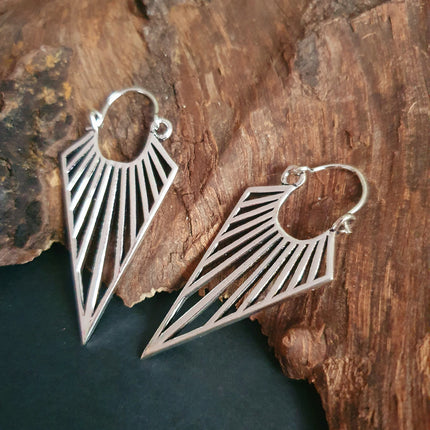 Silver Triangle Drop Lightening Boho Brass Earrings; Ethnic Boho Chic Gypsy Spiral Hippie Tribal style