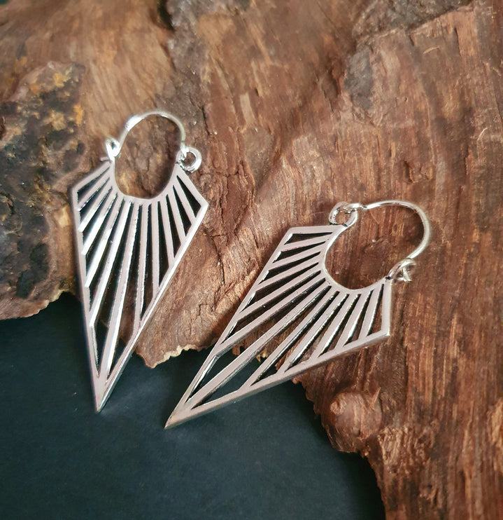 Silver Triangle Drop Lightening Boho Brass Earrings; Ethnic Boho Chic Gypsy Spiral Hippie Tribal style