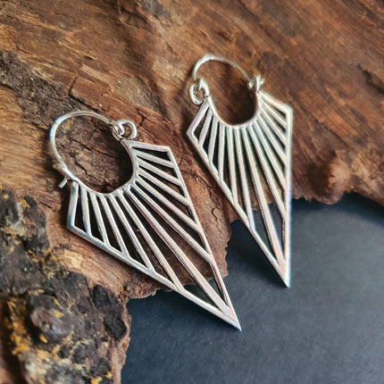 Silver Triangle Drop Lightening Boho Brass Earrings; Ethnic Boho Chic Gypsy Spiral Hippie Tribal style