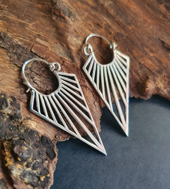 Silver Triangle Drop Lightening Boho Brass Earrings; Ethnic Boho Chic Gypsy Spiral Hippie Tribal style