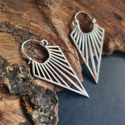 Silver Triangle Drop Lightening Boho Brass Earrings; Ethnic Boho Chic Gypsy Spiral Hippie Tribal style