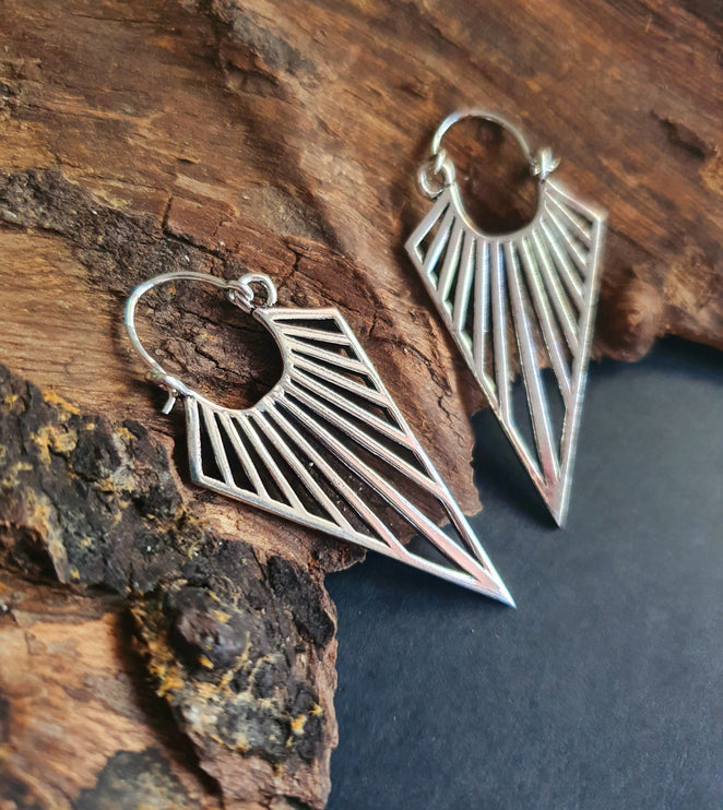 Silver Triangle Drop Lightening Boho Brass Earrings; Ethnic Boho Chic Gypsy Spiral Hippie Tribal style