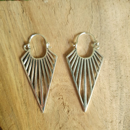 Silver Triangle Drop Lightening Boho Brass Earrings; Ethnic Boho Chic Gypsy Spiral Hippie Tribal style