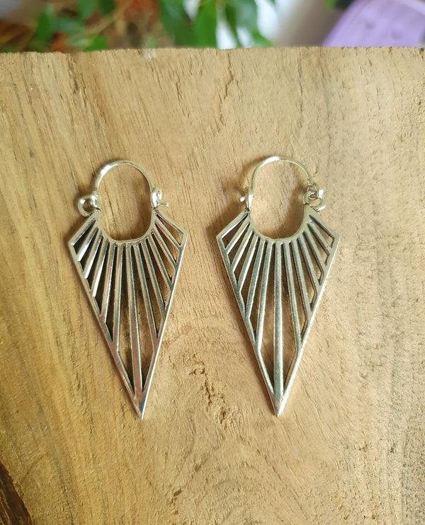 Silver Triangle Drop Lightening Boho Brass Earrings; Ethnic Boho Chic Gypsy Spiral Hippie Tribal style