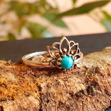 Turquoise Silver Ring Lotus Flower / Boho / Ethnic / Rustic / Tribal / Gypsy / Festival / Indian / Healing / Festival