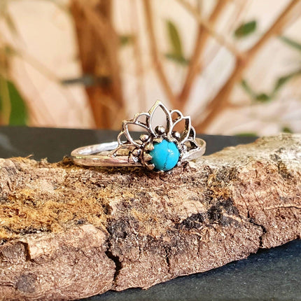 Turquoise Silver Ring Lotus Flower / Boho / Ethnic / Rustic / Tribal / Gypsy / Festival / Indian / Healing / Festival