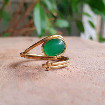 Golden Ethnic style Green Onyx Ring / Brass / Adjustable / Boho / Bohemian / Rustic / Tribal / Gypsy / Festival / Healing / Festival 
