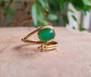 Golden Ethnic style Green Onyx Ring / Brass / Adjustable / Boho / Bohemian / Rustic / Tribal / Gypsy / Festival / Healing / Festival