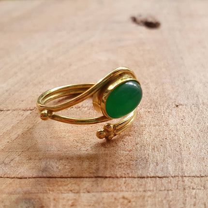 Golden Ethnic style Green Onyx Ring / Brass / Adjustable / Boho / Bohemian / Rustic / Tribal / Gypsy / Festival / Healing / Festival 
