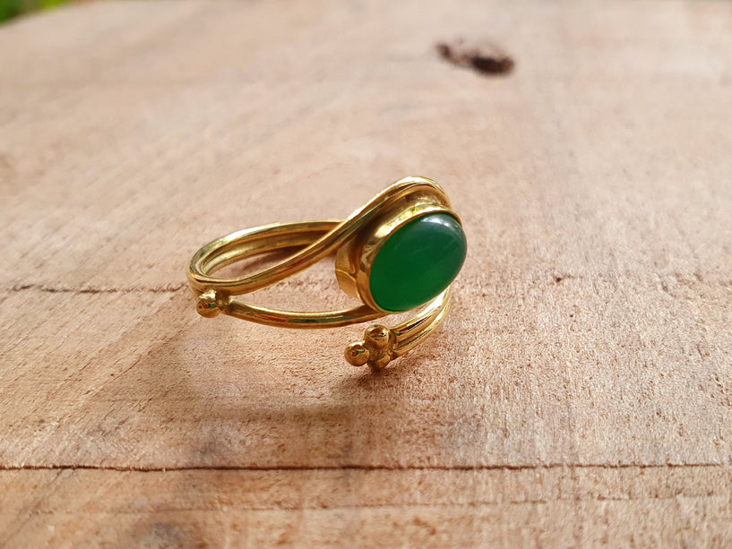 Golden Ethnic style Green Onyx Ring / Brass / Adjustable / Boho / Bohemian / Rustic / Tribal / Gypsy / Festival / Healing / Festival 