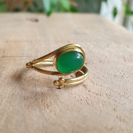 Golden Ethnic style Green Onyx Ring / Brass / Adjustable / Boho / Bohemian / Rustic / Tribal / Gypsy / Festival / Healing / Festival 