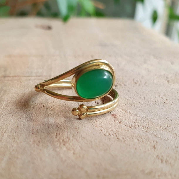 Golden Ethnic style Green Onyx Ring / Brass / Adjustable / Boho / Bohemian / Rustic / Tribal / Gypsy / Festival / Healing / Festival 