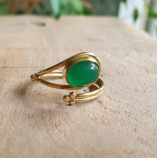 Golden Ethnic style Green Onyx Ring / Brass / Adjustable / Boho / Bohemian / Rustic / Tribal / Gypsy / Festival / Healing / Festival