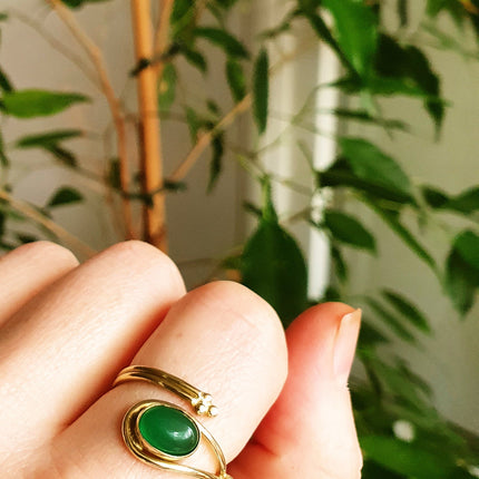 Golden Ethnic style Green Onyx Ring / Brass / Adjustable / Boho / Bohemian / Rustic / Tribal / Gypsy / Festival / Healing / Festival 
