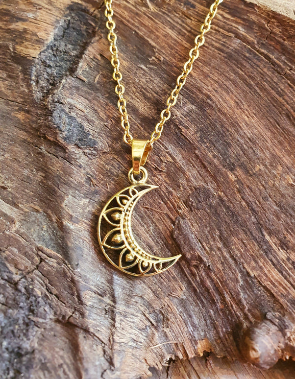 Gold Crescent Moon Necklace / Hypoallergenic / Silver / Boho / Hippie / Rustic / Ethnic / Hypoallergenic / Third Eye / Illuminati