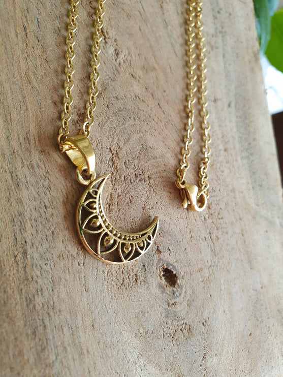 Gold Crescent Moon Necklace / Hypoallergenic / Silver / Boho / Hippie / Rustic / Ethnic / Hypoallergenic / Third Eye / Illuminati