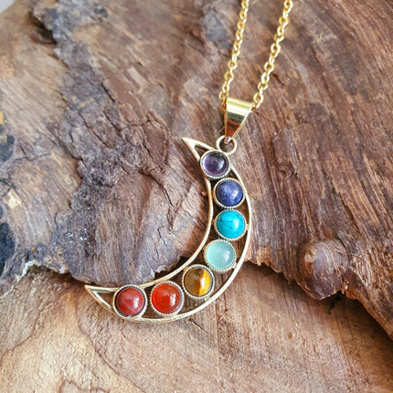 Gold Moon & 7 Chakras Necklace / Hypoallergenic / Yoga / Reiki / Boho / Hippie / Rustic / Ethnic / Crystals / Third Eye / Illuminati