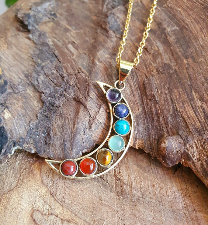 Gold Moon & 7 Chakras Necklace / Hypoallergenic / Yoga / Reiki / Boho / Hippie / Rustic / Ethnic / Crystals / Third Eye / Illuminati