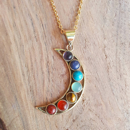 Gold Moon & 7 Chakras Necklace / Hypoallergenic / Yoga / Reiki / Boho / Hippie / Rustic / Ethnic / Crystals / Third Eye / Illuminati