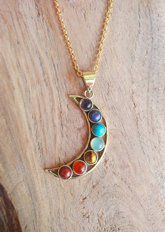 Gold Moon & 7 Chakras Necklace / Hypoallergenic / Yoga / Reiki / Boho / Hippie / Rustic / Ethnic / Crystals / Third Eye / Illuminati