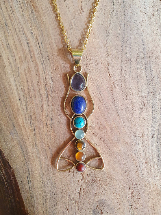 Gold 7 Chakras Lotus Necklace / Hypoallergenic / Yoga / Reiki / Boho / Hippie / Rustic / Ethnic / Crystals / Third Eye / Illuminati