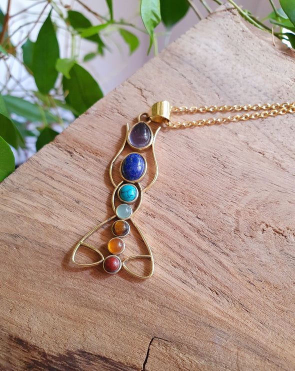 Gold 7 Chakras Lotus Necklace / Hypoallergenic / Yoga / Reiki / Boho / Hippie / Rustic / Ethnic / Crystals / Third Eye / Illuminati