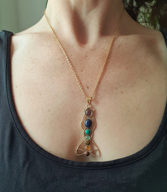 Gold 7 Chakras Lotus Necklace / Hypoallergenic / Yoga / Reiki / Boho / Hippie / Rustic / Ethnic / Crystals / Third Eye / Illuminati