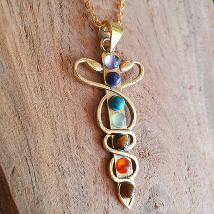 Golden Sword, Snakes & 7 Chakras Necklace / Hypoallergenic / Yoga / Reiki / Boho / Hippie / Rustic / Ethnic / Third Eye / Illuminati