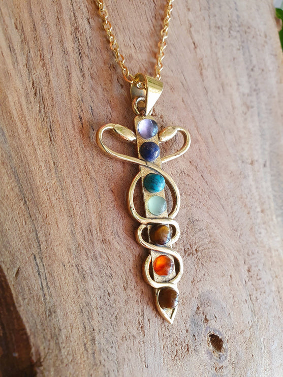 Golden Sword, Snakes & 7 Chakras Necklace / Hypoallergenic / Yoga / Reiki / Boho / Hippie / Rustic / Ethnic / Third Eye / Illuminati