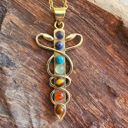 Golden Sword, Snakes & 7 Chakras Necklace / Hypoallergenic / Yoga / Reiki / Boho / Hippie / Rustic / Ethnic / Third Eye / Illuminati