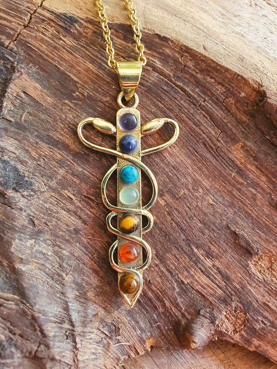 Golden Sword, Snakes & 7 Chakras Necklace / Hypoallergenic / Yoga / Reiki / Boho / Hippie / Rustic / Ethnic / Third Eye / Illuminati