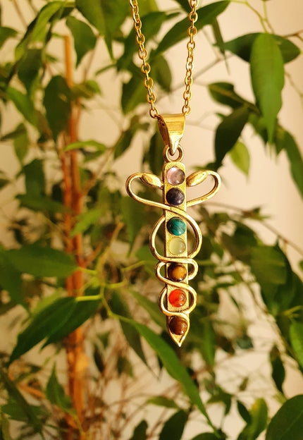 Golden Sword, Snakes & 7 Chakras Necklace / Hypoallergenic / Yoga / Reiki / Boho / Hippie / Rustic / Ethnic / Third Eye / Illuminati
