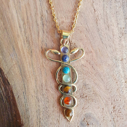 Golden Sword, Snakes & 7 Chakras Necklace / Hypoallergenic / Yoga / Reiki / Boho / Hippie / Rustic / Ethnic / Third Eye / Illuminati