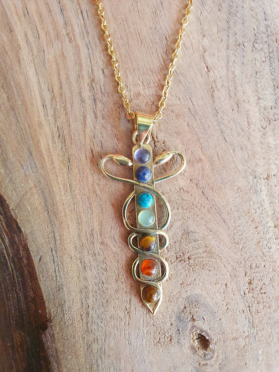 Golden Sword, Snakes & 7 Chakras Necklace / Hypoallergenic / Yoga / Reiki / Boho / Hippie / Rustic / Ethnic / Third Eye / Illuminati